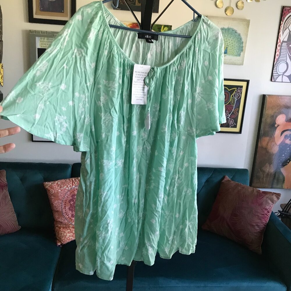 ELLOS size 20 Mint Green & White Wildflowers Flutter Sleeve Peasant Top NWT